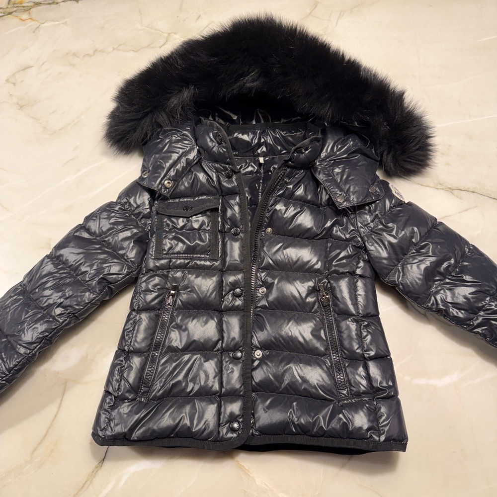 Moncler Glossy Black Puffer Jacket with Fur Trim girls size 8